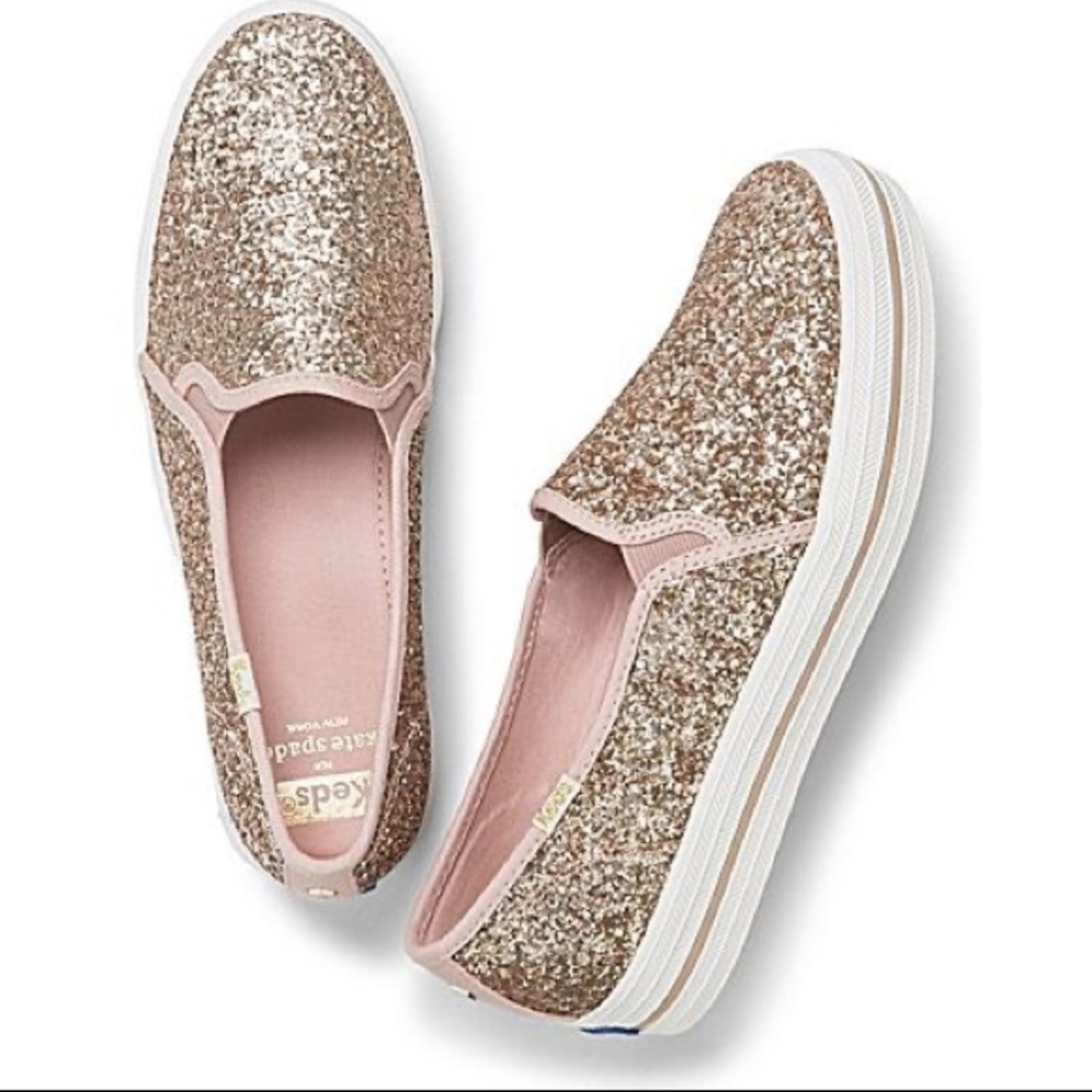 Kate Spade New York x Keds Triple Decker Rose Pink Glitter Platform Slip On’s